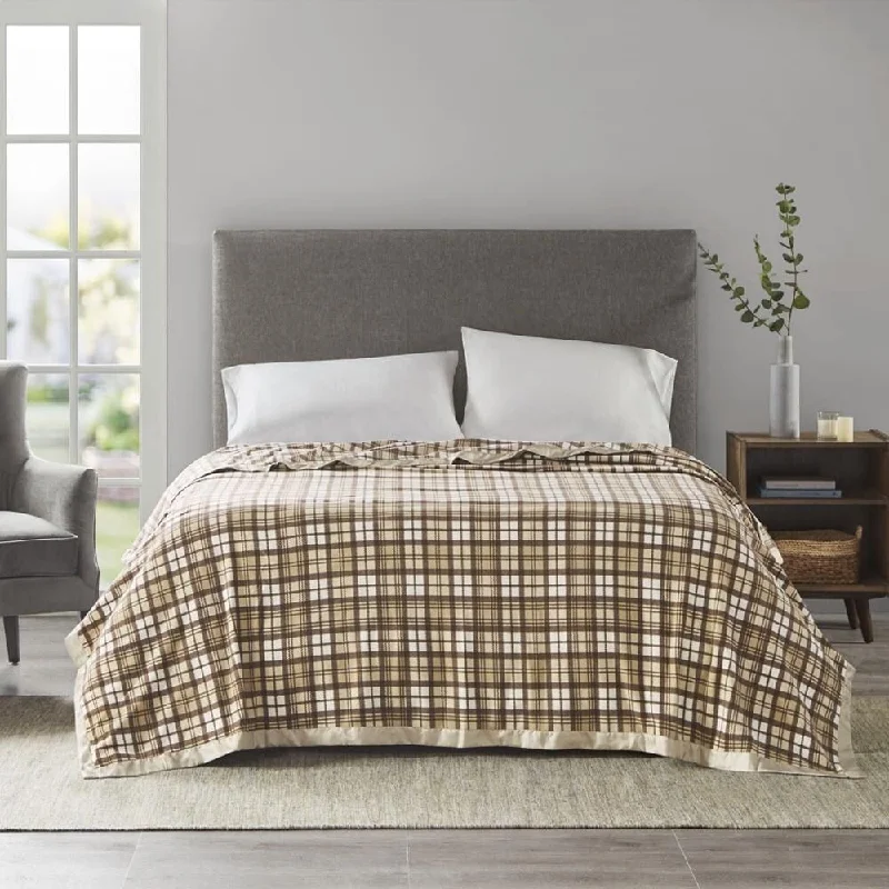 Rayon from bamboo blankets for a silky and breathable feelKing Classic Matte Satin Binding Micro Fleece Blanket Tan Plaid Rayon from bamboo blankets for a silky and breathable feelKing Classic Matte Satin Binding Micro Fleece Blanket Tan Plaid