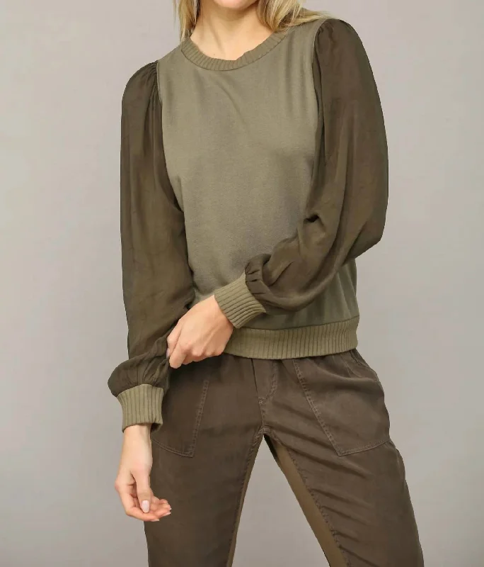 Multi Fabric Sleeve Sweater In Moss