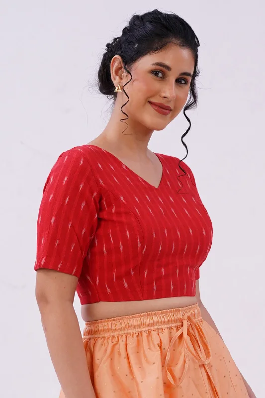 Naidu Hall V Neck Elbow Sleeve Women's Handloom Cotton Saree Ikat2 Back Open Blouse - Red