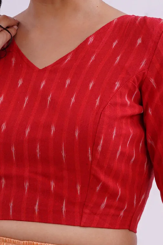 Naidu Hall V Neck Elbow Sleeve Women's Handloom Cotton Saree Ikat2 Back Open Blouse - Red