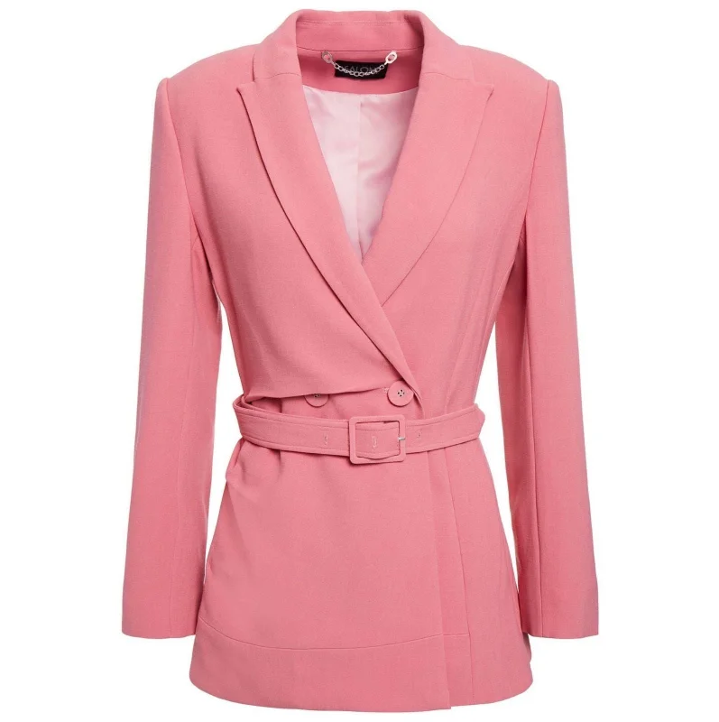 Saloni Maxima Double-Breasted Belted Crepe Blazer in Pink Viscose