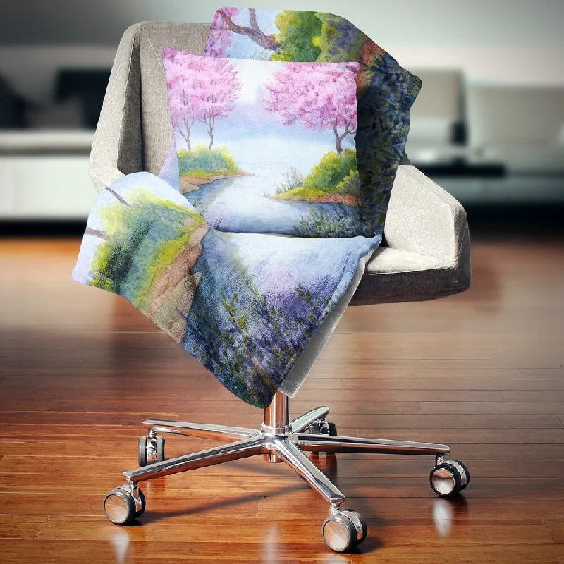 Chenille blankets with a thick and fuzzy textureDesignart 'Flowering Trees Over Lake' Landscape Fleece Throw Blanket Chenille blankets with a thick and fuzzy textureDesignart 'Flowering Trees Over Lake' Landscape Fleece Throw Blanket