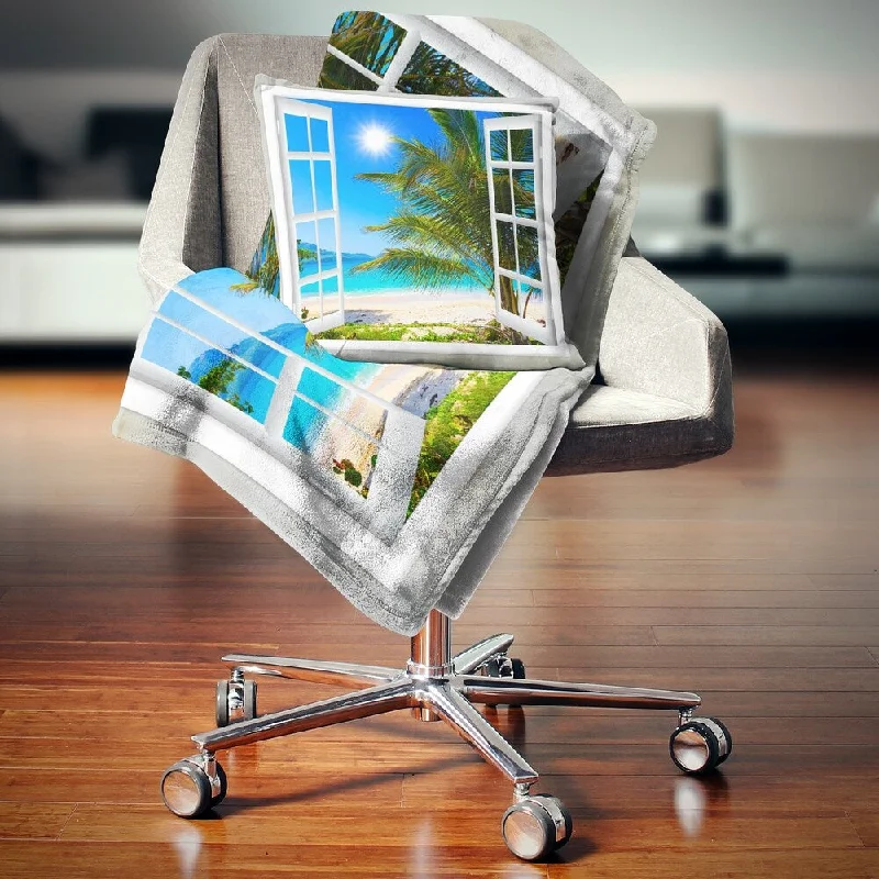 Mohair blankets with a unique sheen and softnessDesignart 'Window Open to Beach with Palm' Seashore Throw Blanket Mohair blankets with a unique sheen and softnessDesignart 'Window Open to Beach with Palm' Seashore Throw Blanket